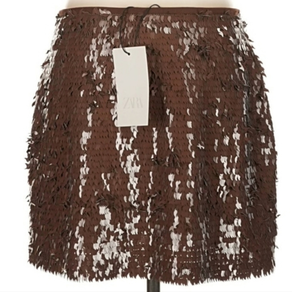 Zara SEQUIN MINI SKIRT BROWN - Picture 14 of 16
